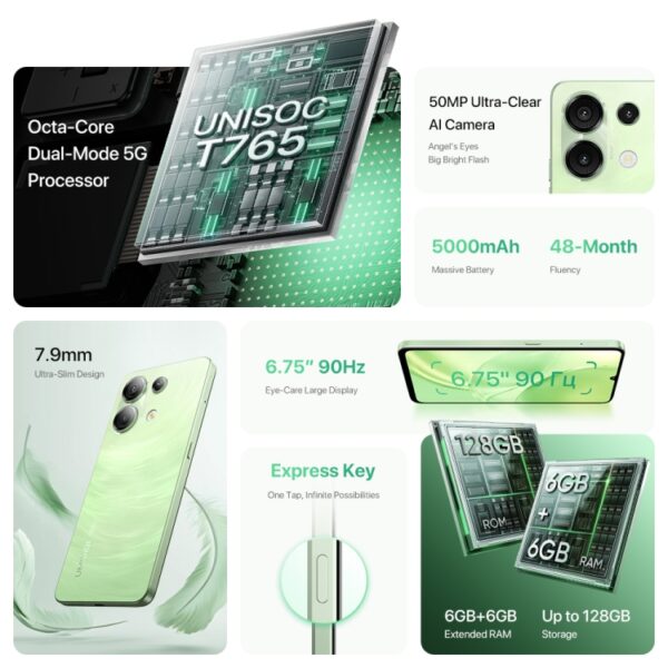 UMIDIGI G9 5G, 6 GB + 128 GB, seitlicher Fingerabdruck und Gesichtserkennung, 6,75 Zoll Android 14 UNISOC T765 Octa Core, Netzwerk: 5G, G9 5G – Bild 3